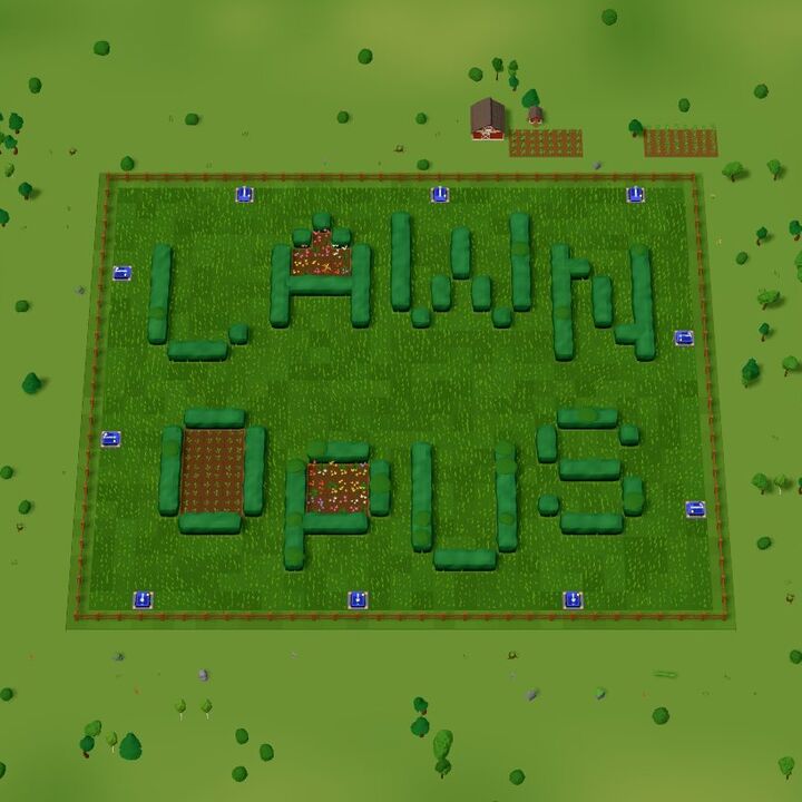 The Lawn Opus title lawn seen from above: the name spelled out in clipped hedges on a fenced lawn, a barn behind it.