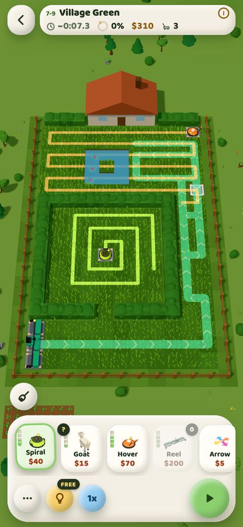 A level being planned: every mower shows the path it will drive before you press play.