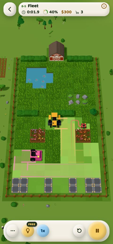 A run in progress: a tractor, a ride-on and a push mower cut stripes through a field.