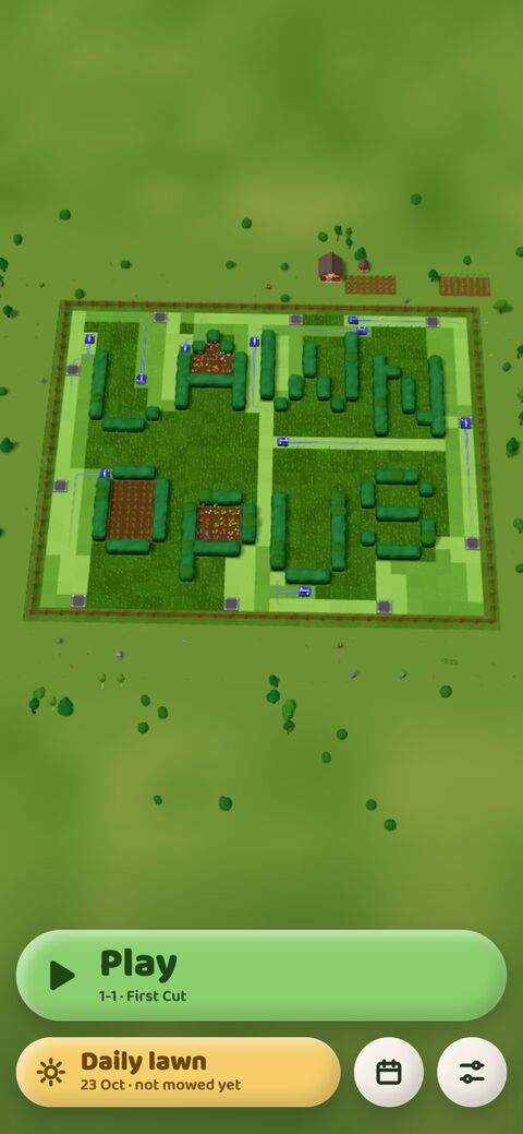 The title lawn, with Lawn Opus grown in hedges, the Play button and the daily lawn.